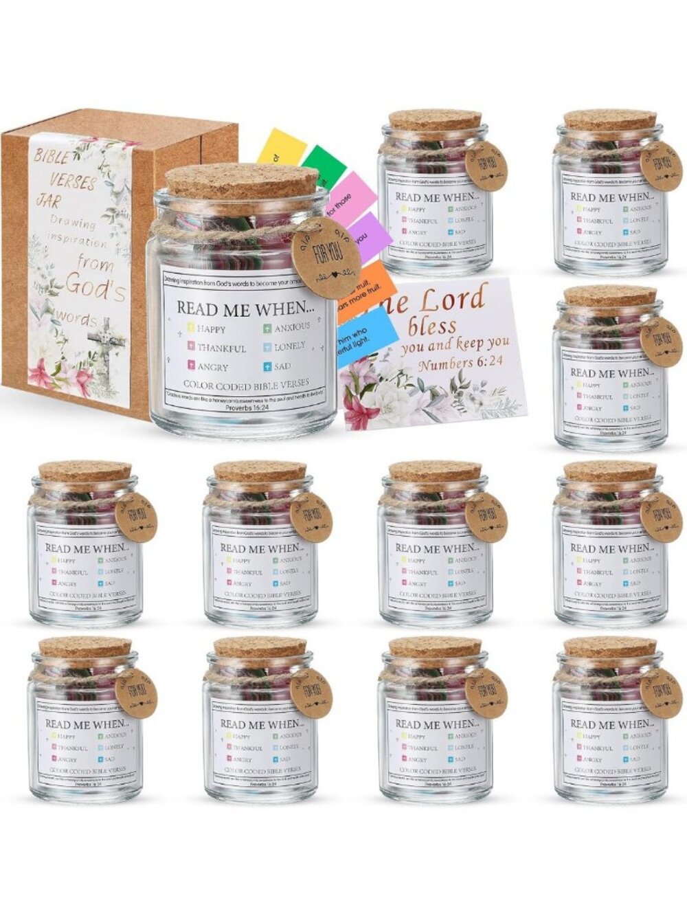 12 Bible Verse Prayer Jar Set - Inspirational Read Me When Verses for Faith